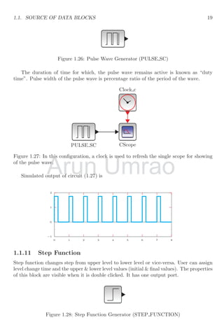 1.1. SOURCE OF DATA BLOCKS 19
Figure 1.26: Pulse Wave Generator (PULSE SC)
The duration of time for which, the pulse wave remains active is known as “duty
time”. Pulse width of the pulse wave is percentage ratio of the period of the wave.
Clock c
CScope
PULSE SC
Figure 1.27: In this configuration, a clock is used to refresh the single scope for showing
of the pulse wave.
Simulated output of circuit (1.27) is
−1
0
1
2
0 1 2 3 4 5 6 7 8
1.1.11 Step Function
Step function changes step from upper level to lower level or vice-versa. User can assign
level change time and the upper  lower level values (initial  final values). The properties
of this block are visible when it is double clicked. It has one output port.
Figure 1.28: Step Function Generator (STEP FUNCTION)
Arun
Figure 1.27: In this configuration, a clock is used to refresh the single
Figure 1.27: In this configuration, a clock is used to refresh the single
of the pulse wave.
of the pulse wave.
Simulated output of circuit (1.27) is
Simulated output of circuit (1.27) is
Umrao
Figure 1.27: In this configuration, a clock is used to refresh the single
Figure 1.27: In this configuration, a clock is used to refresh the single scope for showing
 
