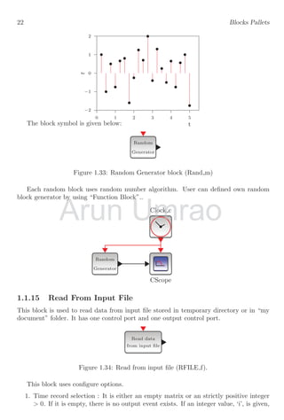 22 Blocks Pallets
−2
−1
0
1
2
0 1 2 3 4 5
r
t
The block symbol is given below:
Random
Generator
Figure 1.33: Random Generator block (Rand m)
Each random block uses random number algorithm. User can defined own random
block generator by using “Function Block”..
Clock c
CScope
Random
Generator
1.1.15 Read From Input File
This block is used to read data from input file stored in temporary directory or in “my
document” folder. It has one control port and one output control port.
Read data
from input file
Figure 1.34: Read from input file (RFILE f).
This block uses configure options.
1. Time record selection : It is either an empty matrix or an strictly positive integer
 0. If it is empty, there is no output event exists. If an integer value, ‘i’, is given,
Arun
block generator by using “Function Block”..
block generator by using “Function Block”..
Umrao
block generator by using “Function Block”..
block generator by using “Function Block”..
Umrao
Umrao
Umrao
Umrao
Umrao
Umrao
Umrao
Umrao
Umrao
Umrao
Umrao
Umrao
Umrao
Umrao
Umrao
Umrao
Umrao
Umrao
Umrao
Umrao
Umrao
Umrao
Umrao
Umrao
Umrao
Umrao
Umrao
Umrao
Umrao
Umrao
Umrao
Umrao
Umrao
Umrao
Umrao
Umrao
Umrao
Umrao
Umrao
Umrao
Umrao
Umrao
Umrao
Umrao
Umrao
Umrao
Umrao
Umrao
Umrao
Umrao
Umrao
Umrao
Umrao
Umrao
Umrao
Umrao
Umrao
Umrao
Umrao
Umrao
Umrao
Umrao
Umrao
Umrao
Umrao
Umrao
Umrao
Umrao
Umrao
Umrao
Umrao
Umrao
Umrao
Umrao
Umrao
Umrao
Umrao
Umrao
Umrao
Umrao
Umrao
Umrao
Umrao
Umrao
Umrao
Umrao
Umrao
Umrao
Umrao
Umrao
Umrao
Umrao
Umrao
Umrao
Umrao
Umrao
Umrao
Umrao
Umrao
Umrao
Umrao
Umrao
Umrao
Umrao
Umrao
Umrao
Umrao
Umrao
Umrao
Umrao
Umrao
Clock
Clock c
 