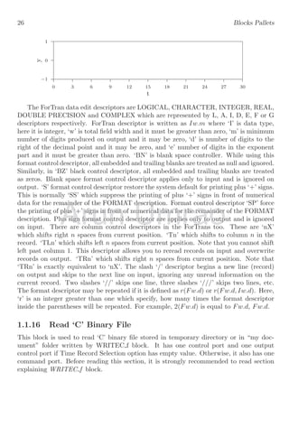 26 Blocks Pallets
−1
0
1
0 3 6 9 12 15 18 21 24 27 30
y
t
The ForTran data edit descriptors are LOGICAL, CHARACTER, INTEGER, REAL,
DOUBLE PRECISION and COMPLEX which are represented by L, A, I, D, E, F or G
descriptors respectively. ForTran descriptor is written as Iw.m where ‘I’ is data type,
here it is integer, ‘w’ is total field width and it must be greater than zero, ‘m’ is minimum
number of digits produced on output and it may be zero, ‘d’ is number of digits to the
right of the decimal point and it may be zero, and ‘e’ number of digits in the exponent
part and it must be greater than zero. ‘BN’ is blank space controller. While using this
format control descriptor, all embedded and trailing blanks are treated as null and ignored.
Similarly, in ‘BZ’ black control descriptor, all embedded and trailing blanks are treated
as zeros. Blank space format control descriptor applies only to input and is ignored on
output. ‘S’ format control descriptor restore the system default for printing plus ‘+’ signs.
This is normally ‘SS’ which suppress the printing of plus ‘+’ signs in front of numerical
data for the remainder of the FORMAT description. Format control descriptor ‘SP’ force
the printing of plus ‘+’ signs in front of numerical data for the remainder of the FORMAT
description. Plus sign format control descriptor are applies only to output and is ignored
on input. There are column control descriptors in the ForTrans too. These are ‘nX’
which shifts right n spaces from current position. ‘Tn’ which shifts to column n in the
record. ‘TLn’ which shifts left n spaces from current position. Note that you cannot shift
left past column 1. This descriptor allows you to reread records on input and overwrite
records on output. ‘TRn’ which shifts right n spaces from current position. Note that
‘TRn’ is exactly equivalent to ‘nX’. The slash ‘/’ descriptor begins a new line (record)
on output and skips to the next line on input, ignoring any unread information on the
current record. Two slashes ‘//’ skips one line, three slashes ‘///’ skips two lines, etc.
The format descriptor may be repeated if it is defined as r(Fw.d) or r(Fw.d, Iw.d). Here,
‘r’ is an integer greater than one which specify, how many times the format descriptor
inside the parentheses will be repeated. For example, 2(Fw.d) is equal to Fw.d, Fw.d.
1.1.16 Read ‘C’ Binary File
This block is used to read ‘C’ binary file stored in temporary directory or in “my doc-
ument” folder written by WRITEC f block. It has one control port and one output
control port if Time Record Selection option has empty value. Otherwise, it also has one
command port. Before reading this section, it is strongly recommended to read section
explaining WRITEC f block.
Arun
data for the remainder of the FORMAT description. Format control descriptor ‘SP’ force
data for the remainder of the FORMAT description. Format control descriptor ‘SP’ force
the printing of plus ‘+’ signs in front of numerical data for the remainder of the FORMAT
the printing of plus ‘+’ signs in front of numerical data for the remainder of the FORMAT
description. Plus sign format control descriptor are applies only to output and is ignored
description. Plus sign format control descriptor are applies only to output and is ignored
on input. There are column control descriptors in the ForTrans too. These are ‘nX’
on input. There are column control descriptors in the ForTrans too. These are ‘nX’
Umrao
data for the remainder of the FORMAT description. Format control descriptor ‘SP’ force
data for the remainder of the FORMAT description. Format control descriptor ‘SP’ force
the printing of plus ‘+’ signs in front of numerical data for the remainder of the FORMAT
the printing of plus ‘+’ signs in front of numerical data for the remainder of the FORMAT
description. Plus sign format control descriptor are applies only to output and is ignored
description. Plus sign format control descriptor are applies only to output and is ignored
on input. There are column control descriptors in the ForTrans too. These are ‘nX’
on input. There are column control descriptors in the ForTrans too. These are ‘nX’
 