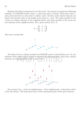 34 Blocks Pallets
Simulate this block arrangement to see the result. The output is computed as following
methods. In CMAT3D matrix viewer, a ruled mess grid is created. Each point where x
and y lines intersects to each other is called a node. At these nodes matrix elements are
placed and element value is the height of the point in z-axis. The nodes parallel to the
x-axis are column elements of the supplied matrix and nodes parallel to the y-axis are
row elements of the supplied matrix. For a given matrix of 3 × 3,
A =


1 2 1
2 1 1
2 3 1


The mess is looked like
x
y
z
The index of row or column numbers in CMAT3D viewer is started from zero. So, the
elements of the matrix will be placed as shown in the following figure. Note that, column
elements are placed parallel to the x-axis. Now,
x
y
z
A00
A10
A20
A01
A11
A21
A02
A12
A22
1
2
1
2
1
1
2
3
1
Now connect the zij from its neighbouring z. Four neighbouring z nodes form a facet
of the 3D surface. The mesh thus form is three dimensional plot of the given function.
Arun
elements of the matrix will be placed as shown in the following figure. Note that, column
elements of the matrix will be placed as shown in the following figure. Note that, column
elements are placed parallel to the
elements are placed parallel to the x
x-axis. Now,
-axis. Now,
Umrao
elements of the matrix will be placed as shown in the following figure. Note that, column
elements of the matrix will be placed as shown in the following figure. Note that, column
-axis. Now,
-axis. Now,
 