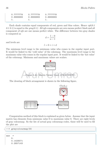 36 Blocks Pallets
0.7777778 0.7777778 0.7777778
0.8888889 0.8888889 0.8888889
1. 1. 1.


Each shade contains equal components of red, green and blue colors. Hence rgb(0.1
0.1 0.1) is equal to the gray(0.1). All rgb components are zero means perfect black and all
component of rgb are one means perfect white. The difference between two gray shades
is computed as
d =
1 − 0
n − 1
and levels are
l = 0 + i × d
The minimum level range is the minimum value who comes in the regular input port.
It would be linked to the ‘cold value’ of the colormap. The maximum level range is the
maximum value who comes in the regular input port. It would be linked to the ‘hot value’
of the colormap. Minimum and maximum values are scalars.
Mat View
Figure 1.44: Matrix Viewer block (CMATVIEW)
The drawing of block arrangement is shown in the following figure.
Clock c
Mat View




0. 1. 2.
2. 3. 4.
4. 5. 6.
6. 7. 8.




Computation method of this block is explained as given below. Assume that the input
matrix has elements from minimum value 0 to maximum value 8. There are eight levels
of gray colourmap. So the list of actual gray colourmap codes, those will be used to fill
the plot are

1 -- graycolourmap (8)



ans =
0.
0.1428571
0.2857143
Arun
F
Figure 1.44: Matrix Viewer block (CMATVIEW)
igure 1.44: Matrix Viewer block (CMATVIEW)
Umrao
igure 1.44: Matrix Viewer block (CMATVIEW)
igure 1.44: Matrix Viewer block (CMATVIEW)
 