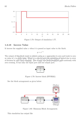 is input to this block then it gives 12 as its output. The value 12 is maximum among all
elements of the given matrix.
1.3.3 Min Only Block
Min block returns the minimum value of all supplied values. Min block can be used in
matrix mode of input data. It has only one input port and one output port. Min block is
MIN
Figure 1.57: Min block (MIN f)
If
A =
 