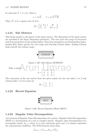 1.3. MATHEMATICAL BLOCKS 53
−1
−0.5
0
0.5
1.0
0 3 6 9 12 15 18 21 24 27 30
−1
−0.5
0
0.5
1.0
0 3 6 9 12 15 18 21 24 27 30
−2
−1.5
−1.0
−0.5
0
0.5
1.0
1.5
2.0
0 3 6 9 12 15 18 21 24 27 30
1.3.7 Big Sum
It provides the sum of two or more real input values algebraically either by accepting
them as they are or by changing their nature. User can change the number of input. It
has unlimited input ports and one output port. Number of input ports depends on the
input port matrix. Each element in port matrix represents one input port. The numerical
value of each element is the gain of input values. Gain of input port ranges from 0 to
∞. For example [0; 1; −2] represents to the three input ports and first port has zero gain,
second port has +1 gain and third port has −2 gain1
.
X
Figure 1.61: Big sum block (BIGSOM f)
The additive or subtractive nature of input port can be assigned by using plus or minus
sign in port matrix. If both signs are assigned to the input ports then their additive or
subtractive nature of input ports are shown by plus or minus sign.
1
Gain is defined as the ratio of final value to the initial value
Arun
Arun Umrao
Umrao
 