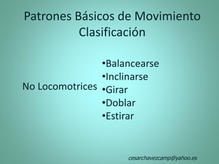 Patrones Básicos de Movimiento
Clasificación
No Locomotrices
•Balancearse
•Inclinarse
•Girar
•Doblar
•Estirar
cesarchavezcamp@yahoo.es
 