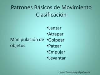 Patrones Básicos de Movimiento
Clasificación
Manipulación de
objetos
•Lanzar
•Atrapar
•Golpear
•Patear
•Empujar
•Levantar
cesarchavezcamp@yahoo.es
 