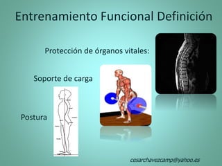 Entrenamiento Funcional Definición
Protección de órganos vitales:
Soporte de carga
Postura
cesarchavezcamp@yahoo.es
 