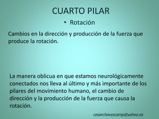 • Rotación
Cambios en la dirección y producción de la fuerza que
produce la rotación.
CUARTO PILAR
La manera oblicua en que estamos neurológicamente
conectados nos lleva al último y más importante de los
pilares del movimiento humano, el cambio de
dirección y la producción de la fuerza que causa la
rotación.
cesarchavezcamp@yahoo.es
 