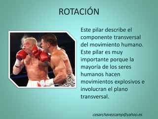 ROTACIÓN
Este pilar describe el
componente transversal
del movimiento humano.
Este pilar es muy
importante porque la
mayoría de los seres
humanos hacen
movimientos explosivos e
involucran el plano
transversal.
cesarchavezcamp@yahoo.es
 