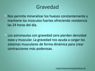 Nos permite mineralizar los huesos constantemente y
mantiene los músculos fuertes ofreciendo resistencia
las 24 horas del día.
Los astronautas con gravedad cero pierden densidad
osea y muscular. La gravedad nos ayuda a cargar los
sistemas musculares de forma dinámica para crear
contracciones más poderosas.
Gravedad
cesarchavezcamp@yahoo.es
 