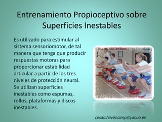Entrenamiento Propioceptivo sobre
Superficies Inestables
Es utilizado para estimular al
sistema sensoriomotor, de tal
manera que tenga que producir
respuestas motoras para
proporcionar estabilidad
articular a partir de los tres
niveles de protección neural.
Se utilizan superficies
inestables como espumas,
rollos, plataformas y discos
inestables.
cesarchavezcamp@yahoo.es
 