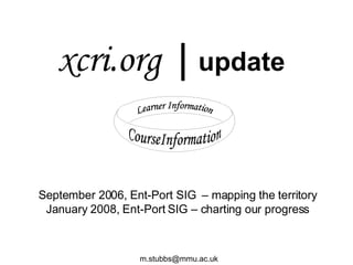 xcri.org  |  update Learner Information CourseInformation September 2006, Ent-Port SIG  – mapping the territory January 2008, Ent-Port SIG – charting our progress [email_address] 