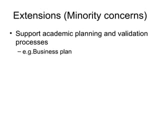 Extensions (Minority concerns) Support academic planning and validation processes e.g.Business plan 