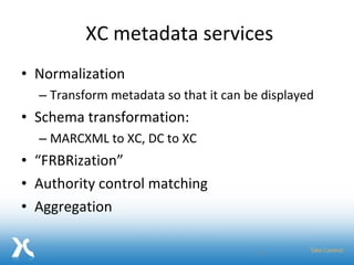 XC metadata services Normalization Transform metadata so that it can be displayed Schema transformation:  MARCXML to XC, DC to XC “ FRBRization” Authority control matching Aggregation 