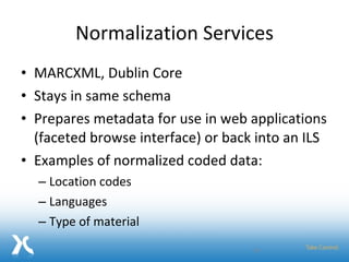 Normalization Services MARCXML, Dublin Core Stays in same schema Prepares metadata for use in web applications (faceted browse interface) or back into an ILS Examples of normalized coded data: Location codes Languages Type of material 