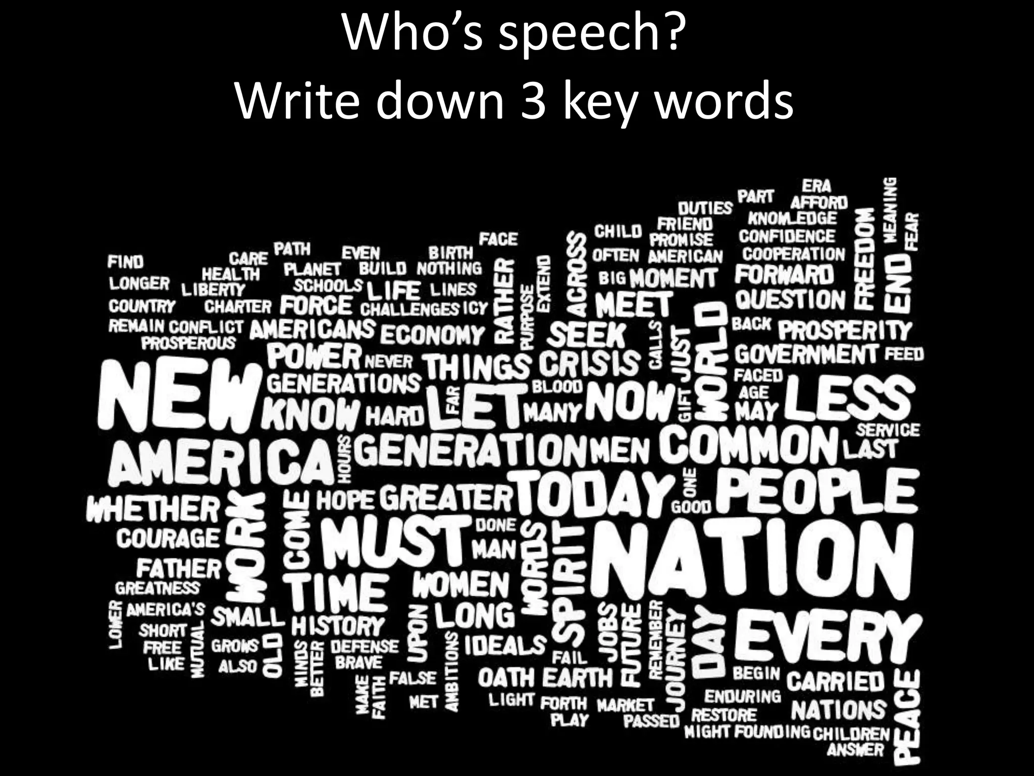 Who’s speech? Write down 3 key words
