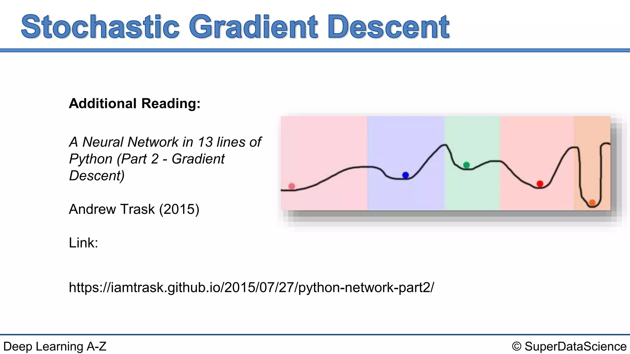 © SuperDataScienceDeep Learning A-Z
A Neural Network in 13 lines of
Python (Part 2 - Gradient
Descent)
Andrew Trask (2015)
Link:
https://iamtrask.github.io/2015/07/27/python-network-part2/
Additional Reading:
 