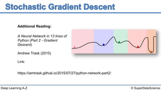© SuperDataScienceDeep Learning A-Z
A Neural Network in 13 lines of
Python (Part 2 - Gradient
Descent)
Andrew Trask (2015)
Link:
https://iamtrask.github.io/2015/07/27/python-network-part2/
Additional Reading:
 