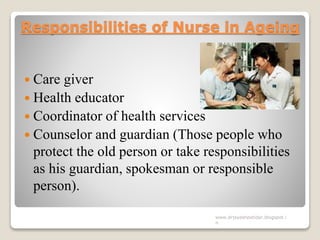 Responsibilities of Nurse in Ageing
 Care giver
 Health educator
 Coordinator of health services
 Counselor and guardian (Those people who
protect the old person or take responsibilities
as his guardian, spokesman or responsible
person).
www.drjayeshpatidar.blogspot.i
n
 