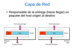 Capa de Red 
●Responsable de la entrega (hacer llegar) un paquete del host origen al destino  