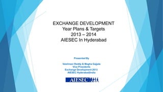 EXCHANGE DEVELOPMENT
   Year Plans & Targets
       2013 – 2014
   AIESEC In Hyderabad


            Presented By

   Vaishnavi Reddy & Megha Gajjala
           Vice Presidents
     Exchange Development 2013
       AIESEC Hyderabad|India
 