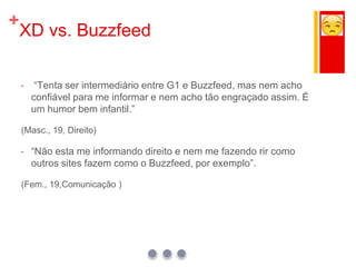 +
XD vs. Buzzfeed
 “Tenta ser intermediário entre G1 e Buzzfeed, mas nem acho
confiável para me informar e nem acho tão engraçado assim. É
um humor bem infantil.”
(Masc., 19, Direito)
 “Não esta me informando direito e nem me fazendo rir como
outros sites fazem como o Buzzfeed, por exemplo”.
(Fem., 19,Comunicação )
 