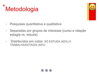 +
Metodologia
 Pesquisas quantitativa e qualitativa
 Separadas por grupos de interesse (curso e relação
estagia vs. estuda)
 Distribuídos em cotas: SÓ ESTUDA (60%) X
TRABALHA/ESTAGIA (40%)
 