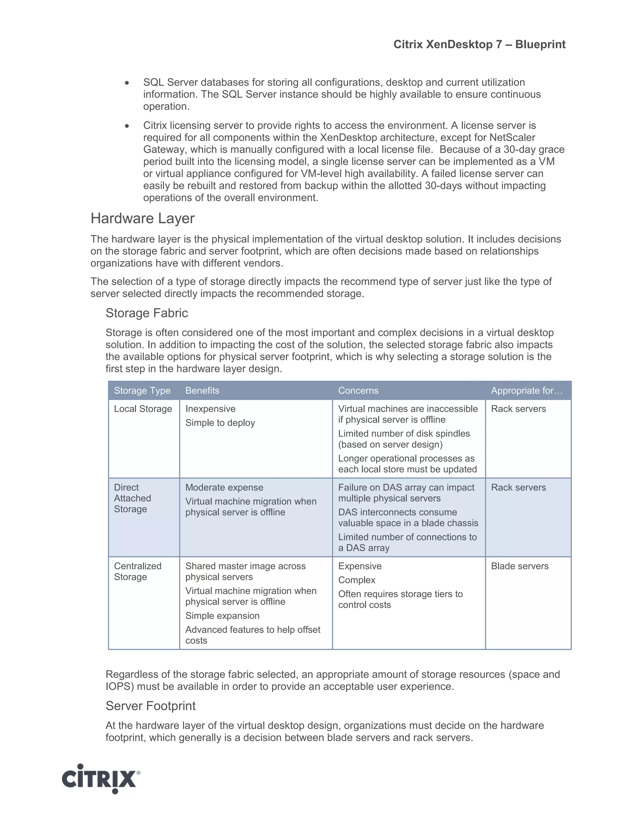 Citrix XenDesktop 7 – Blueprint
 SQL Server databases for storing all configurations, desktop and current utilization
information. The SQL Server instance should be highly available to ensure continuous
operation.
 Citrix licensing server to provide rights to access the environment. A license server is
required for all components within the XenDesktop architecture, except for NetScaler
Gateway, which is manually configured with a local license file. Because of a 30-day grace
period built into the licensing model, a single license server can be implemented as a VM
or virtual appliance configured for VM-level high availability. A failed license server can
easily be rebuilt and restored from backup within the allotted 30-days without impacting
operations of the overall environment.
Hardware Layer
The hardware layer is the physical implementation of the virtual desktop solution. It includes decisions
on the storage fabric and server footprint, which are often decisions made based on relationships
organizations have with different vendors.
The selection of a type of storage directly impacts the recommend type of server just like the type of
server selected directly impacts the recommended storage.
Storage Fabric
Storage is often considered one of the most important and complex decisions in a virtual desktop
solution. In addition to impacting the cost of the solution, the selected storage fabric also impacts
the available options for physical server footprint, which is why selecting a storage solution is the
first step in the hardware layer design.
Storage Type Benefits Concerns Appropriate for…
Local Storage Inexpensive
Simple to deploy
Virtual machines are inaccessible
if physical server is offline
Limited number of disk spindles
(based on server design)
Longer operational processes as
each local store must be updated
Rack servers
Direct
Attached
Storage
Moderate expense
Virtual machine migration when
physical server is offline
Failure on DAS array can impact
multiple physical servers
DAS interconnects consume
valuable space in a blade chassis
Limited number of connections to
a DAS array
Rack servers
Centralized
Storage
Shared master image across
physical servers
Virtual machine migration when
physical server is offline
Simple expansion
Advanced features to help offset
costs
Expensive
Complex
Often requires storage tiers to
control costs
Blade servers
Regardless of the storage fabric selected, an appropriate amount of storage resources (space and
IOPS) must be available in order to provide an acceptable user experience.
Server Footprint
At the hardware layer of the virtual desktop design, organizations must decide on the hardware
footprint, which generally is a decision between blade servers and rack servers.
 