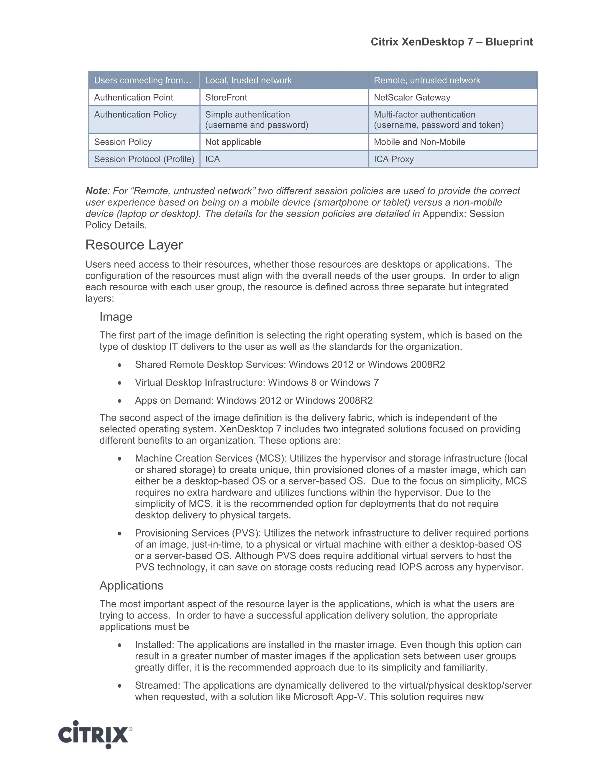 Citrix XenDesktop 7 – Blueprint
Users connecting from… Local, trusted network Remote, untrusted network
Authentication Point StoreFront NetScaler Gateway
Authentication Policy Simple authentication
(username and password)
Multi-factor authentication
(username, password and token)
Session Policy Not applicable Mobile and Non-Mobile
Session Protocol (Profile) ICA ICA Proxy
Note: For “Remote, untrusted network” two different session policies are used to provide the correct
user experience based on being on a mobile device (smartphone or tablet) versus a non-mobile
device (laptop or desktop). The details for the session policies are detailed in Appendix: Session
Policy Details.
Resource Layer
Users need access to their resources, whether those resources are desktops or applications. The
configuration of the resources must align with the overall needs of the user groups. In order to align
each resource with each user group, the resource is defined across three separate but integrated
layers:
Image
The first part of the image definition is selecting the right operating system, which is based on the
type of desktop IT delivers to the user as well as the standards for the organization.
 Shared Remote Desktop Services: Windows 2012 or Windows 2008R2
 Virtual Desktop Infrastructure: Windows 8 or Windows 7
 Apps on Demand: Windows 2012 or Windows 2008R2
The second aspect of the image definition is the delivery fabric, which is independent of the
selected operating system. XenDesktop 7 includes two integrated solutions focused on providing
different benefits to an organization. These options are:
 Machine Creation Services (MCS): Utilizes the hypervisor and storage infrastructure (local
or shared storage) to create unique, thin provisioned clones of a master image, which can
either be a desktop-based OS or a server-based OS. Due to the focus on simplicity, MCS
requires no extra hardware and utilizes functions within the hypervisor. Due to the
simplicity of MCS, it is the recommended option for deployments that do not require
desktop delivery to physical targets.
 Provisioning Services (PVS): Utilizes the network infrastructure to deliver required portions
of an image, just-in-time, to a physical or virtual machine with either a desktop-based OS
or a server-based OS. Although PVS does require additional virtual servers to host the
PVS technology, it can save on storage costs reducing read IOPS across any hypervisor.
Applications
The most important aspect of the resource layer is the applications, which is what the users are
trying to access. In order to have a successful application delivery solution, the appropriate
applications must be
 Installed: The applications are installed in the master image. Even though this option can
result in a greater number of master images if the application sets between user groups
greatly differ, it is the recommended approach due to its simplicity and familiarity.
 Streamed: The applications are dynamically delivered to the virtual/physical desktop/server
when requested, with a solution like Microsoft App-V. This solution requires new
 