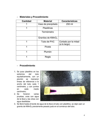 4
- Materiales y Procedimiento
Cantidad Material Características
1 Vaso de precipitado 250 ml
1 Plastilinas
Termómetro
Granitos de KMnO4
1 Tubo de PVC Cortado por la mitad
(a lo largo)
1 Piceta
1 Plumón
1 Regla
- Procedimiento
1. Se puso plastilina en los
extremos del tubo
equitativamente, con un
plumón se marcaron
líneas de referencia a lo
ancho del tubo cada 1
centímetro, y con puntos
en cada medio
centímetro.
2. Se hicieron varias
pruebas, unas con agua
de la llave y las otras con
agua destiladas
3. Se llenó hasta el borde de agua de la llave el tubo con plastilina, se dejó caer un
granito de KMnO4 previamente pesado justo en al comienzo del tubo.
 