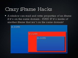 Crazy iFrame Hacks A window can read and write properties of an iframe if it’s on the same domain - EVEN IF it’s inside of another iframe that isn’t on the same domain! a.com b.com a.com 