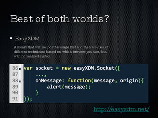 Best of both worlds? EasyXDM A library that will use postMessage first and then a series of  different techniques based on which browser you use, but with normalized syntax. http://easyxdm.net/ 