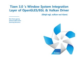 Tizen 3.0 's Window System Integration
Layer of OpenGLES/EGL & Vulkan Driver
Mun Gwan-gyeong
Software R&D Center
Samsung Electronics
(libtpl-egl, vulkan-wsi-tizen)
 