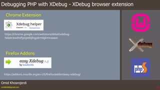 Debugging PHP with XDebug - XDebug browser extension
Omid Khosrojerdi
omidkh68@gmail.com
Chrome Extension
FirefoxAddons
10
https://addons.mozilla.org/en-US/firefox/addon/easy-xdebug/
https://chrome.google.com/webstore/detail/xdebug-
helper/eadndfjplgieldjbigjakmdgkmoaaaoc
 