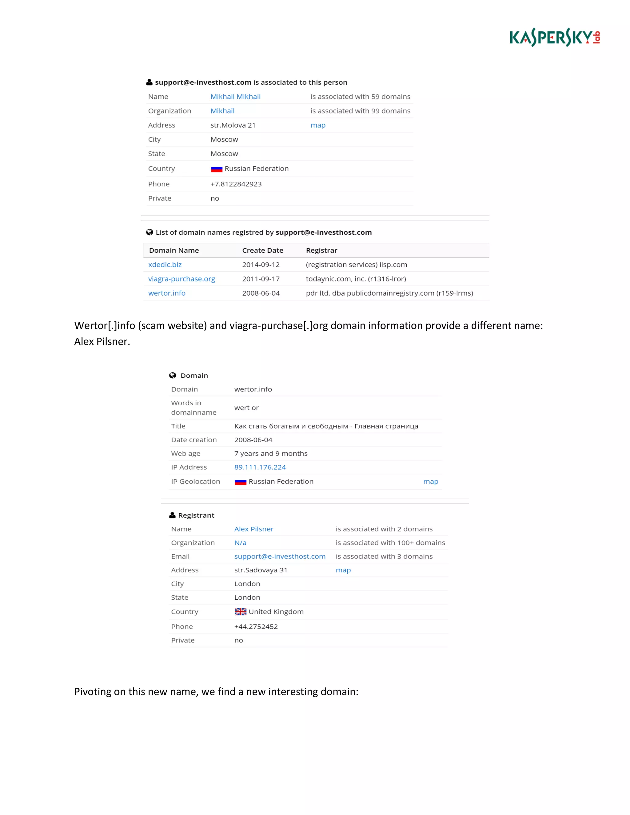 Wertor[.]info (scam website) and viagra-purchase[.]org domain information provide a different name:
Alex Pilsner.
Pivoting on this new name, we find a new interesting domain:
 