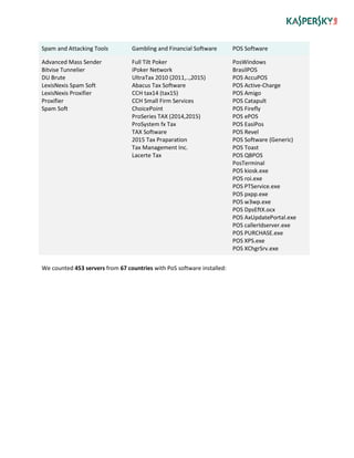 Spam and Attacking Tools Gambling and Financial Software POS Software
Advanced Mass Sender
Bitvise Tunnelier
DU Brute
LexisNexis Spam Soft
LexisNexis Proxifier
Proxifier
Spam Soft
Full Tilt Poker
iPoker Network
UltraTax 2010 (2011,..,2015)
Abacus Tax Software
CCH tax14 (tax15)
CCH Small Firm Services
ChoicePoint
ProSeries TAX (2014,2015)
ProSystem fx Tax
TAX Software
2015 Tax Praparation
Tax Management Inc.
Lacerte Tax
PosWindows
BrasilPOS
POS AccuPOS
POS Active-Charge
POS Amigo
POS Catapult
POS Firefly
POS ePOS
POS EasiPos
POS Revel
POS Software (Generic)
POS Toast
POS QBPOS
PosTerminal
POS kiosk.exe
POS roi.exe
POS PTService.exe
POS pxpp.exe
POS w3wp.exe
POS DpsEftX.ocx
POS AxUpdatePortal.exe
POS callerIdserver.exe
POS PURCHASE.exe
POS XPS.exe
POS XChgrSrv.exe
We counted 453 servers from 67 countries with PoS software installed:
 