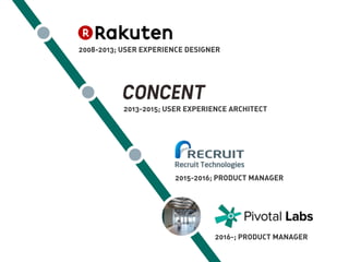 Ç
2008-2013; USER EXPERIENCE DESIGNER
2013-2015; USER EXPERIENCE ARCHITECT
2015-2016; PRODUCT MANAGER
2016-; PRODUCT MANAGER
 