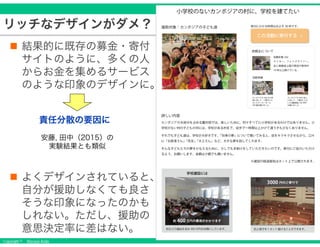 Copyright &copy; Masaya Ando
リッチなデザインがダメ？
結果的に既存の募金・寄付
サイトのように、多くの人
からお金を集めるサービス
のような印象のデザインに。
よくデザインされていると、
自分が援助しなくても良さ
そうな印象になったのかも
しれない。ただし、援助の
意思決定率に差はない。
責任分散の要因に
安藤, 田中（2015）の
実験結果とも類似
 