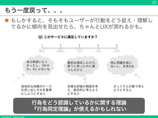 Copyright © Masaya Ando
もう一度戻って、、、
n もしかすると、そもそもユーザーが行動をどう捉え・理解し
てるかに傾向を見出せたら、ちゃんとUXが測れるかも。
25
特に問題を感じ
ないし、まあ5点
あの時使いにく
かったし、3か4
か。5じゃないな
最初は満足したけど、
使うと思ったのと違
うんだけど、、、
具体的な体験のケース
を思い出しそれを基準
にしようとする人
多様な評価の側面を考
え、総合的に考えよう
とする人
ざっくりと印象で考え
ようとする人
行為をどう認識しているかに関する理論
『行為同定理論』が使えるかもしれない
 