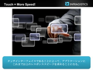 Touch = More Speed!




  タッチインターフェイスであることによって、アプリケーションに
    これまで以上のレスポンススピードを求めることになる。
 