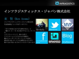 インフラジスティックス・ジャパン株式会社

東 賢（Ken Azuma）
インフラジスティックス・ジャパン株式会社
代表取締役／シニアUXアーキテクト

「全ての状況における生産性の向上」と                    Microsoft MVP
                          Ken Azuma   Windows Touch & Tablet PC
「優れた UI / UX をお届けすること」の二つ




                                f
を
コアバリューとして、様々な形で
アプリケーションにかかわる皆様が、
優れたユーザーインターフェイスを通じ、
                                      Blog
満足度の高いサービスを展開されるための
様々なお手伝いをさせていただいております。
 