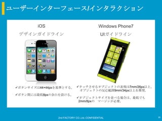 ユーザーインターフェース/インタラクション

         iOS                                 Windows Phone7
  デザインガイドライン                                  UIガイドライン




 ボタンサイズは44×44pxを基準とする。 タッチさせるオブジェクトの表現は7mm/26px以上、
                          オブジェクトの反応範囲9mm/34px以上を推奨。
 ボタン間には最低8pxの余白を設ける。
                        オブジェクトサイズを並べる場合は、最低でも
                         2mm/8pxの マージンが必要。




                2nd FACTORY CO.,Ltd. CONFIDENTIAL             30
 