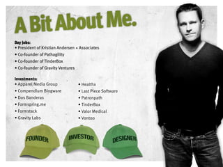 Day Jobs:
• President of Kristian Andersen + Associates
• Co-founder of Pathagility
• Co-founder of TinderBox
• Co-founder of Gravity Ventures

Investments:
• Apparel Media Group              • Healthx
• Compendium Blogware              • Last Piece Software
• Dos Banderas                     • Patronpath
• Formspring.me                    • TinderBox
• Formstack                        • Valor Medical
• Gravity Labs                     • Vontoo
 