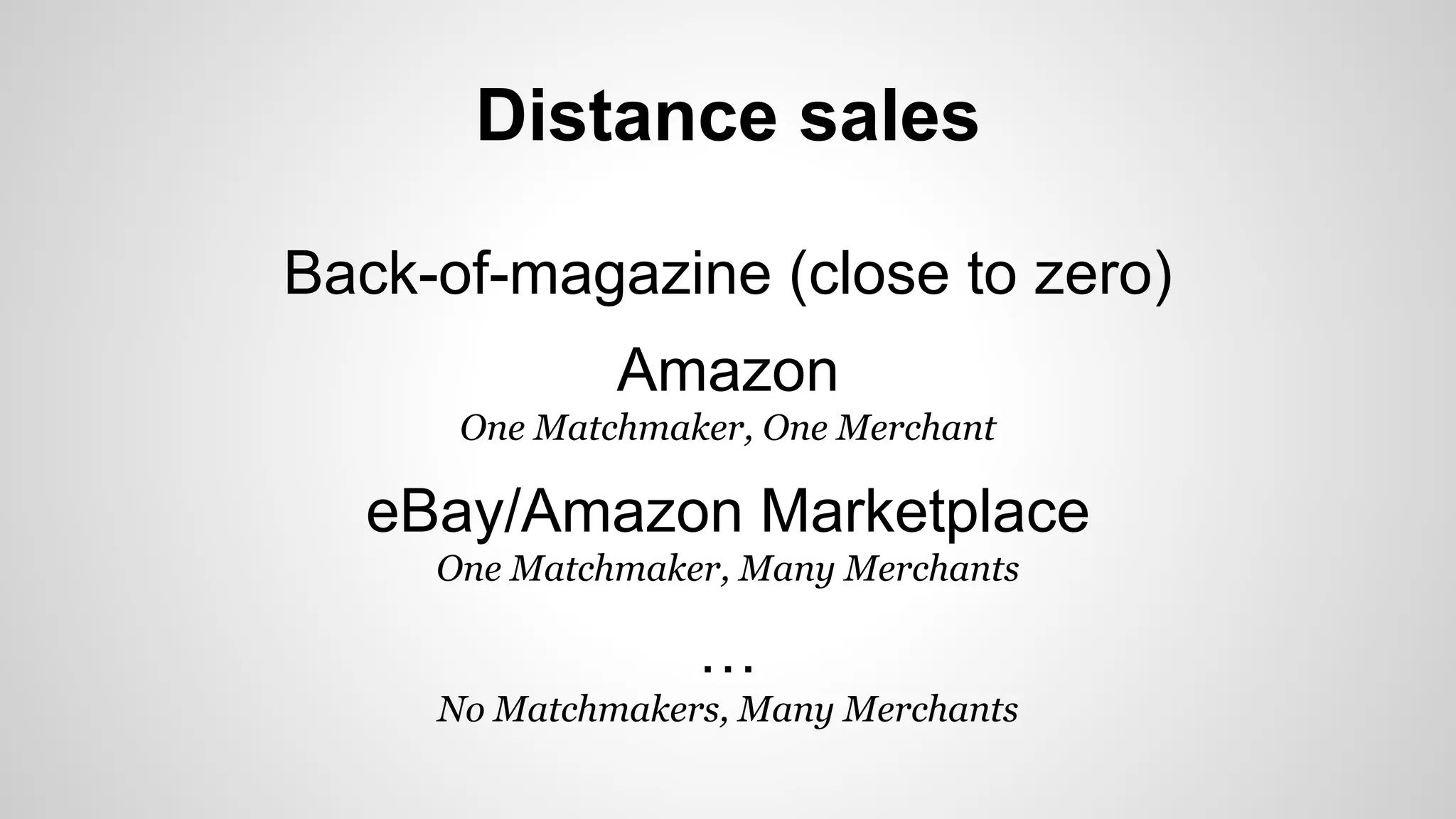 Distance sales
Back-of-magazine (close to zero)
Amazon
One Matchmaker, One Merchant
eBay/Amazon Marketplace
One Matchmaker, Many Merchants
…
No Matchmakers, Many Merchants
 