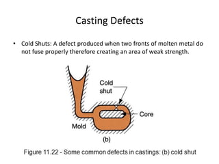 Casting Defects
• Cold Shuts: A defect produced when two fronts of molten metal do
not fuse properly therefore creating an area of weak strength.
 