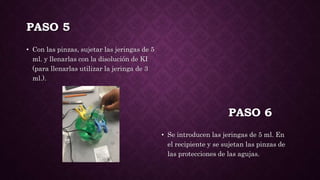 PASO 5
• Con las pinzas, sujetar las jeringas de 5
ml. y llenarlas con la disolución de KI
(para llenarlas utilizar la jeringa de 3
ml.).
• Se introducen las jeringas de 5 ml. En
el recipiente y se sujetan las pinzas de
las protecciones de las agujas.
PASO 6
 