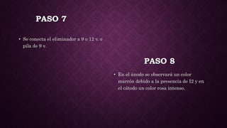 PASO 7
• Se conecta el eliminador a 9 o 12 v. o
pila de 9 v.
• En el ánodo se observará un color
marrón debido a la presencia de I2 y en
el cátodo un color rosa intenso.
PASO 8
 
