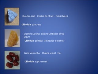 Quartzo azul – Chakra do Plexo – Orixá Oxossi
Quartzo Laranja- Chakra Umbilical- Orixá
Ogum
Jaspe Vermelho – Chakra sexual - Exu
Glândula: pâncreas
Glândula: gônadas (testículos e ovários)
Glândula: supra-renais
 