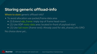 Storing generic offload-info
Where to store generic offload-info?
To avoid allocation use packet/frame data area
(1) Exten...
