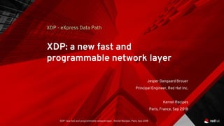 XDP: new fast and programmable network layer - Kernel Recipes, Paris, Sep 2018
XDP: a new fast and
programmable network layer
XDP - eXpress Data Path
Jesper Dangaard Brouer
Principal Engineer, Red Hat Inc.
Kernel Recipes
Paris, France, Sep 2018
 