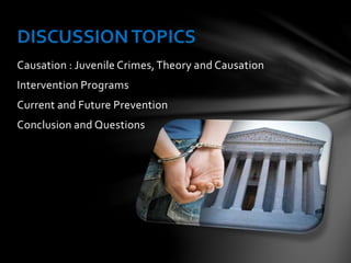 Causation : Juvenile Crimes,Theory and Causation
Intervention Programs
Current and Future Prevention
Conclusion and Questions
DISCUSSIONTOPICS
 